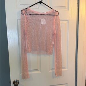 Altar'd State Pink Mesh Crop Top with Rhinestone Accents